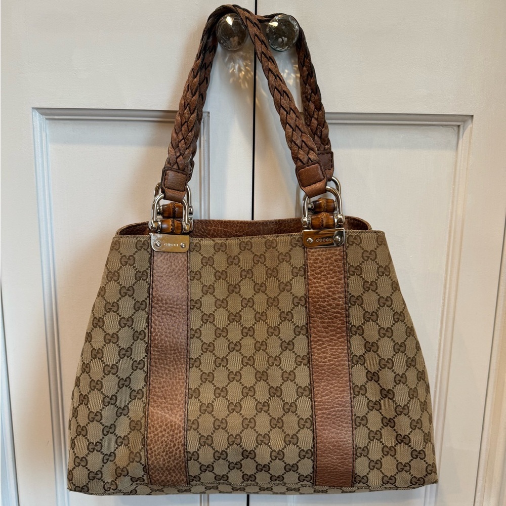 Authentic Gucci Hand Bag Bamboo Brown Canvas GUC - Picture 14 of 16